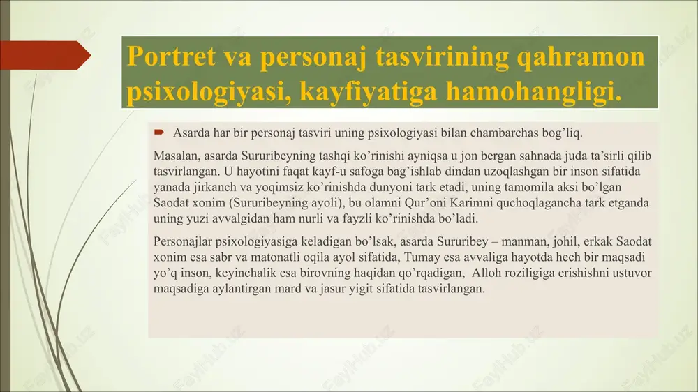 tkazgan. personajlarning nutqini esa alohida ta’kidlab o’tish joiz. masalan, asarda ikromning nutqida uning chapani insonlarga xos xulq-atvori ochib berilgan. savriga keladigan bo’lsak, uning boylikka o’ch va manman xarakteri orqali to’liq ochib berilgan. savrining botirga “toychog’im”, “onang o’rgilsin”, “botirsherim” deb murojaat qilishi uning o’g’liga keragidan ortiq mehr ko’rsatishidan darak beradi. motivning badiiy estetik vazifalari ushbu asar motivlari quyidagicha:  noto’g’ri berilgan tarbiya  nopok hayot tarzining oqibati (savri va ikromning harom tarzda pul topishi)  nimani eksang, shuni o’rasan ushbu motivlarning bari badiiy asarning ekspressivligi va tarbiyaviy ahamiyatini oshirishga yordam bergan. badiiy asarning syujet unsurlari  asar ekspozitsiyasi: asar botirning mahalladagi bolalarga qitmirlik qilishi va juda bezori yigit ekanligi haqidagi ta’rif bilan boshlanadi.  tugun: ikrom va savri farzandi botirning barcha odobsizliklarini bolalarcha sho’xlikka yo’yishi, qo’ni-qo’shnilar botirdan shikoyat qilishsa, bo’layotgan ishlarda ularning o’zini ayblashi farzandining tarbiyasiga salbiy ta’sir qiladi. botirning onasi birga tijorat qiladigan sheriklari ajdar va bo’riga ilakishib qoladi, qimor …