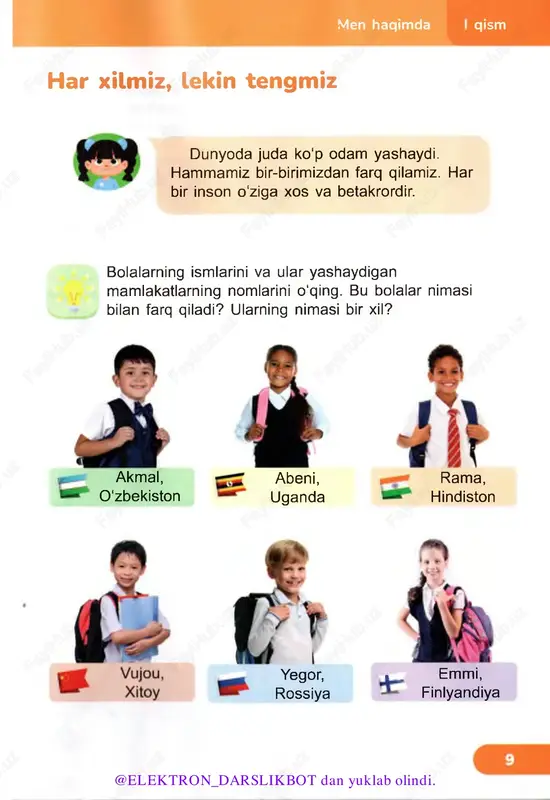 adi? nima deb o'ylaysiz, til paydo bo‘lguncha odamlar qanday gaplashishgan? 1. bir-biringizga qarab, salomlashing. 2. “do'stimni mehmonga taklif qilyapman” mavzusida sahna ko‘rinishini ijro qiling. xayrlashing. 3. endi xuddi shu sahnani so'zsiz ijro qilib ko'ring. 4. qaysi sahna oson, qaysi sahna qiyin bo'lganini xulosa qiling. 5. bu sahnada nimani so'zsiz ifodalash oson bo'ldi? 3 @elektron_darslikbot dan yuklab olindi. o'rtoqlaringiz bilan bu imo-ishoralar qaysi paytda qilinishi haqida gaplashing. bu ishoralar nima degani? t azizaning mimikasiga qarab, nima demoqchi bolayotganini toping. o o hayvonlar so'zlasha olmaydi, lekin ular ham inson bilan o‘zaro muloqot qiladi, his-tuyg‘ularini, xursandligini yoki g'azabini bildiradi. o'zingiz yaxshi ko‘rgan biror she’rning to'rt qatorini yod oling. avval bu she’rni mimikasiz, imo-ishorasiz o'qib ko'ring. keyin esa mimika va imo-ishoralar bilan o'qing. qaysi holatda she’r qiziqarliroq chiqyapti? @elektron_darslikbot dan yuklab olindi. i qism men haqimda kashfiyotlarim biz atrofimizdagi olamni sezgi a’zolari yordamida o'rganamiz. insonning beshta sodiq yordamchisi - beshta sezgi a’zosi bor: ko‘rish, …