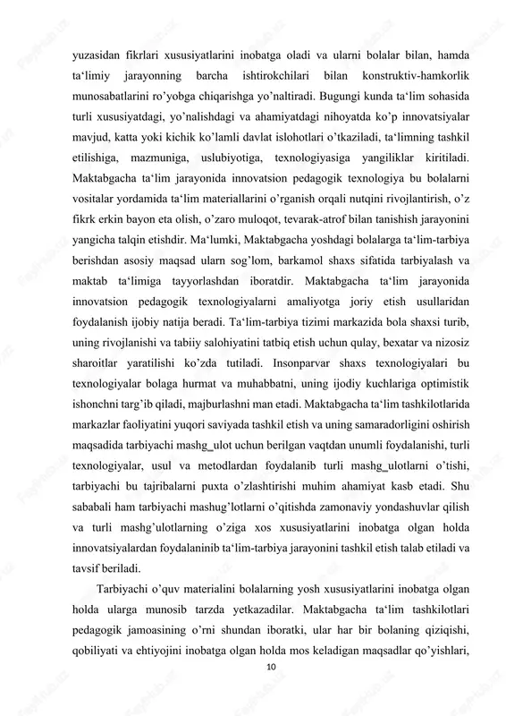 h imkoniyatini beradi. tarbiyachi-pedagoglar rivojlanish markazlarida bolalarning yordamchilari rolini o’ynaydilar, mashg‗ulotlar olib boriladigan joyda imkoniyatlar kengligini ta‘min etadilar va har bir bola individual rivojlanishi darajasini egallay olgan xolda faoliyat turlarini rejalashtiradilar. kun tartibi turli mashg’ulot turlarini o’zida qamrab olishi lozim: kichik guruhlarda birgalikda va tarbiyachi hamkorligida yakka tartibda (individual) yoki mustaqil (ular tomonidan tanlagan mashg‗ulotlarga vaqt ajratish kerak, chunki bolalar ongli tanlab olishni o’rganadilar, o’z qiziqish va qobiliyatlarini amalga oshiradilar). bolalarning o’z tanlovlarini amalga - oshirishi, muammolarni hal etishi, atrofdagi kishilar bilan birgalikda harakat qilishi, indivdual maqsad qo’yishi va unga erishishni bilishlari lozim. faollik markazlarini tashkil etish va rahbarlik guruhlardagi markazlar shunday tarzda yaratilishi kerakki, u bolaga mustaqil tanlash imkonini bersin. har bir guruhda 5 ta markazlar bo’lib, ularning har birida izlanish va o’yinlar uchun yetarli miqdordagi materiallar saqlanadi. qurilish va konstruksiyalash markazida turli xil va shakldagi qurilish elementlari mavjud bo’lib, bolalar ulardan o’z fantaziyasiga tayangan xolda inshootlar bunyod etadilar: …