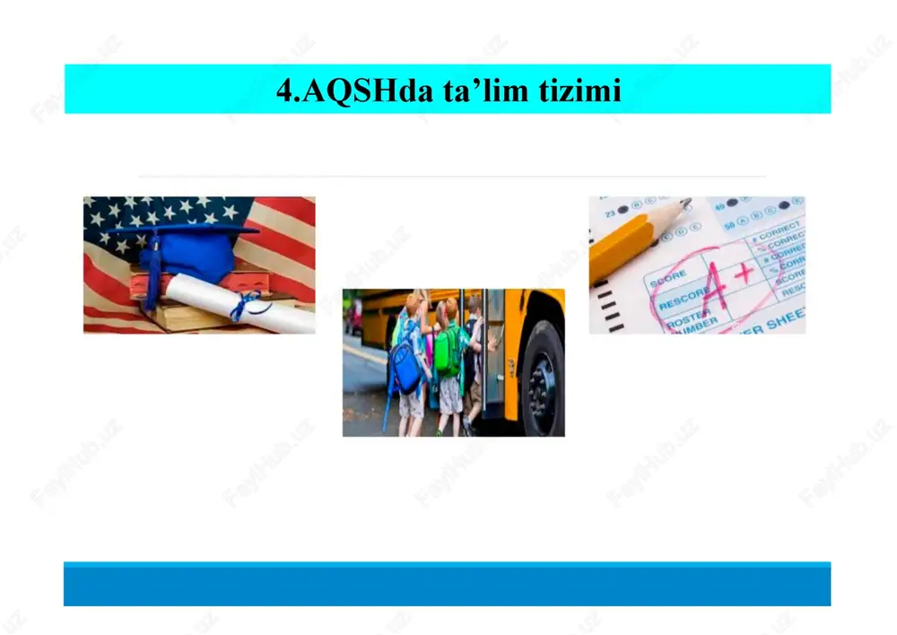 aktablar, universitetlar va boshqa ta'lim muassasalarining akkreditatsiyalarini tekshirish; • o'qituvchilar va professorlarni ishga olish; • yagona o'quv rejasi va jadvalini ishlab chiqish; • fuqarolik ta'limi mutaxassislari faoliyatini tartibga solish (harbiy va federal xizmatchilar bundan mustasno); • shtat va aholi punktlari uchun ta'lim byudjetlarini aniqlash. davlat hokimiyatining roli • davlat ta'lim boshqarmasi: maktab mablag'lanni taqsimlash, o'qituvchilarni attestatsiyadan o'tkazish, maktablar va o'quvchilami darsliklar bilan ta'minlash, kutubxonalar faoliyati, hisob va statistikani yuritish. • ta'lim bo'limi maktab tizimining ishlashi uchun javobgardir. • shtat qonun chiqaruvchi organi davlat va xususiy maktablar uchun ta'limga oid qonunlarni qabul qiladi. ta'lim standartlari o'rta maktabni tugatgandan so'ng oliy o'quv yurtiga kirish istagida bo'lganlar yakuniy imtihonlarni (testlar) topshiradilar. ularning natijalariga ko'ra talabalar kollejga qabul qilinadi. sat (scholastic aptitude test). act (amerika kolleji test dasturi). oliy ta'lim kollejlar va universitetlar qanday testlarni taklif qilishlari va kirish uchun qanday ballar talab qilinishini oldindan e'lon qiladilar. rasmiy ravishda, aqsh universitet lari har qanday …