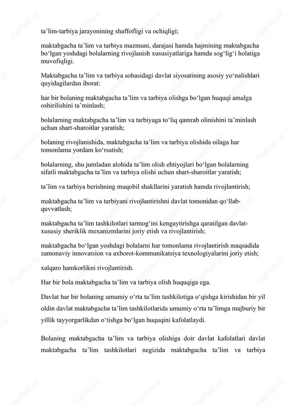 umlashtiradi va ta’lim-tarbiya jarayoniga joriy etadi;davlat maktabgacha ta’lim tashkilotlarining o‘quv-uslubiy, didaktik materiallar, badiiy adabiyotlar, rivojlantiradigan o‘yinlar va o‘yinchoqlar bilan ta’minlanishini, shuningdek ularning moddiy-texnika bazasi jihozlanishini hamda mustahkamlanishini tashkil etadi;davlat maktabgacha ta’lim tashkilotlari xodimlarining malakasiga doir talablarni belgilaydi;maktabgacha ta’lim va tarbiya sohasida kadrlarni tayyorlashni, qayta tayyorlashni hamda ularning malakasini oshirishni ta’minlaydi;maktabgacha ta’lim va tarbiya sohasidagi statistika ma’lumotlarining hisobi yuritilishini hamda tahlil qilinishini ta’minlaydi;davlat maktabgacha ta’lim tashkiloti kuzatuv kengashining faoliyatini tashkil etish tartibini belgilaydi; ii.bob maktabgacha talim tarbiyaning istiqbol va rejalari o’zbekiston respyblikasi maktabgacha ta’lim tizimini 2030- yilgacha rivojlantirish konsepsiyasi o‘zbekiston respublikasi prezidentining «maktabgacha ta'lim tizimini 2030 yilgacha rivojlantirish konsepsiyasini tasdiqlash to‘g‘risida»gi qarori qabul qilindi. qaror maktabgacha ta'lim tizimini yanada takomillashtirish, bolalarning sifatli maktabgacha ta'limdan teng foydalanishini ta'minlash, maktabgacha ta'lim xizmatlarining nodavlat sektorini rivojlantirish maqsadida, qabo‘l qilinmoqda. bugungi kunda mamlakatimizda ta'lim tizimining barcha bo'g'inlarida ulkan islohotlar olib borilmoqda. ayniqsa, mamlakatimiz kelajagi va ravnaqida muhim o'rin tutadigan maktabgacha ta'lim sohasiga alohida e'tibor qaratilmoqda. …