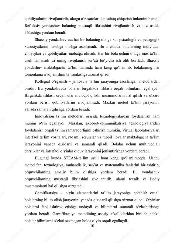 turlarining zamonaviy talablarga javob berishi lozim. shu maqsadda o‘zbekistonda “ilk qadam” dasturi ishlab chiqilgan bo‘lib, bu dastur maktabgacha ta’lim tashkilotlarida bolalarning har tomonlama rivojlanishini ta’minlashga qaratilgan. ilk qadam dasturining asosiy maqsadi bolalarning individual xususiyatlarini hisobga olgan holda, ularning jismoniy, aqliy, axloqiy va ijtimoiy rivojlanishini ta’minlashdan iborat. mazkur dastur bolalarning yoshiga mos rivojlanish xususiyatlarini inobatga olgan holda, ularning qiziqishlari va ehtiyojlariga mos ta’limiy jarayonni tashkil etishga qaratilgan. ilk qadam dasturi orqali bolalar maktabga tayyorlanib, ularda mustaqil fikrlash, ijodiy yondashuv va o‘z-o‘zini boshqarish qobiliyatlari rivojlantiriladi. ilk qadam dasturining asosiy tamoyillari ushbu dastur quyidagi asosiy tamoyillarga asoslanadi: 1. bolalar markazida bo‘lgan ta’lim – har bir bolaning individual ehtiyojlari, qobiliyatlari va rivojlanish xususiyatlari hisobga olinadi. 2. o‘yin orqali o‘rganish – bolalar o‘yin faoliyati orqali bilim va ko‘nikmalarni egallaydilar. 3. kompleks rivojlanish – bolalarning intellektual, jismoniy, hissiy va ijtimoiy rivojlanishi ta’minlanadi. 4. muloqot va hamkorlik – ta’lim jarayonida bolalar o‘zaro va kattalar bilan muloqot qilish …