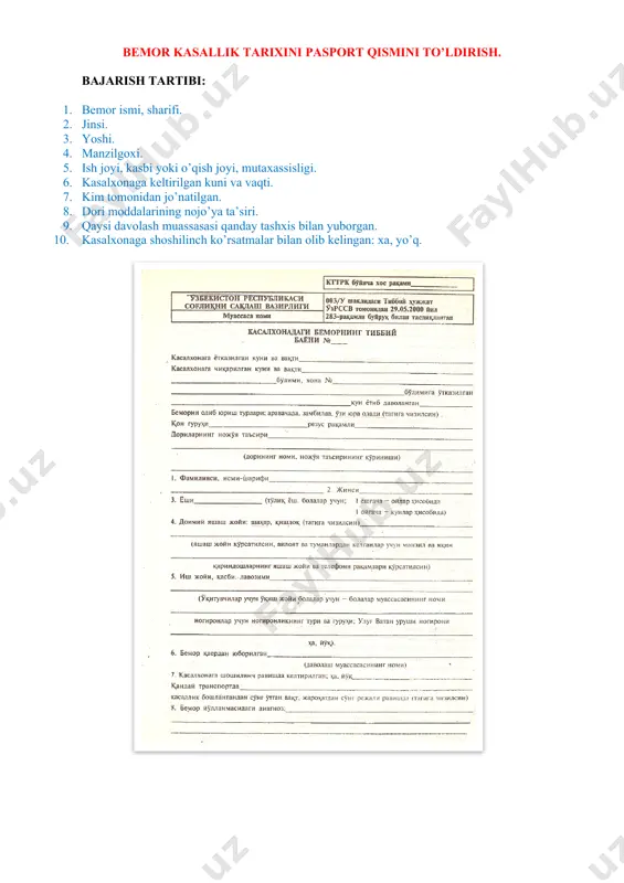 bemor kasallik tarixini pasport qismini to’ldirish — DOCX
