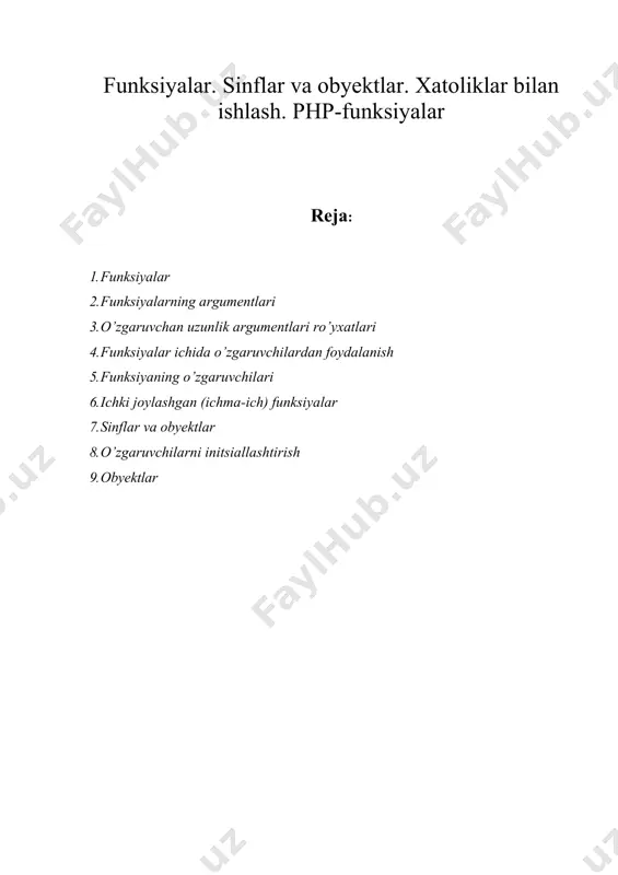 funksiyalаr. sinflаr vа obyektlаr. хаtоliklаr bilаn ishlаsh. php-funksiyalаr — DOC