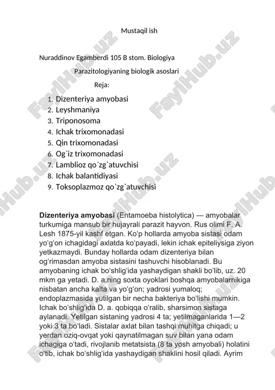 parazitalogiyaning biologik asoslari — DOCX
