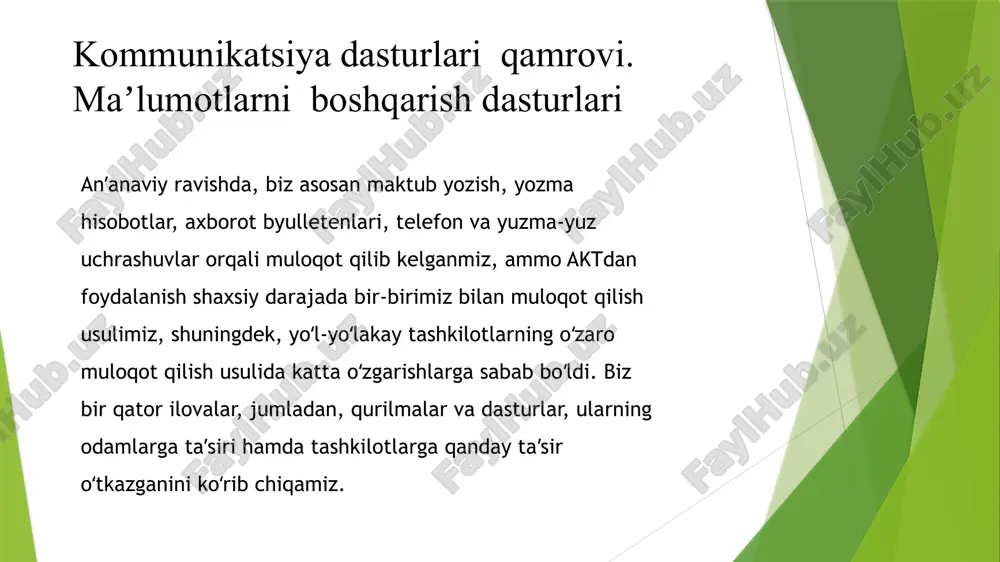 kommunikatsiya dasturlari qamrovi. maʼlumotlarni boshqarish dasturlari — PPTX