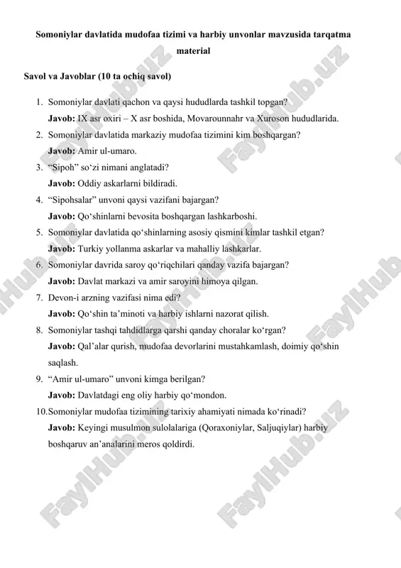somoniylar davlatida mudofaa tizimi va harbiy unvonlar mavzusida tarqatma material 25 — DOCX