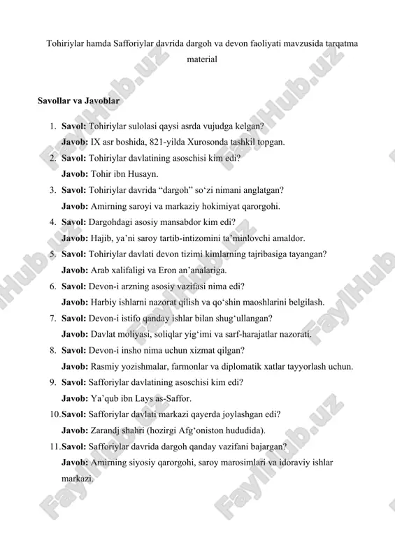 tohiriylar hamda safforiylar davrida dargoh va devon faoliyati mavzusida tarqatma material 25 — DOCX