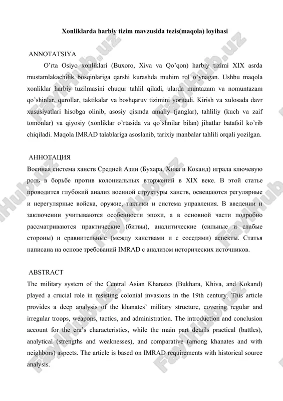 xonliklarda harbiy tizim mavzusida tezis(maqola) loyihasi 25 — DOCX