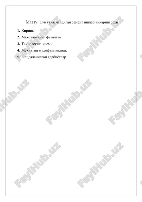suv o'tkazmaydigan sement ishlab chiqarish sexi — DOCX
