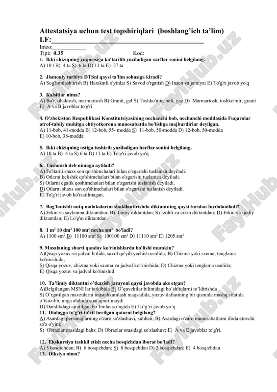 attestatsiya uchun test topshiriqlari — DOC