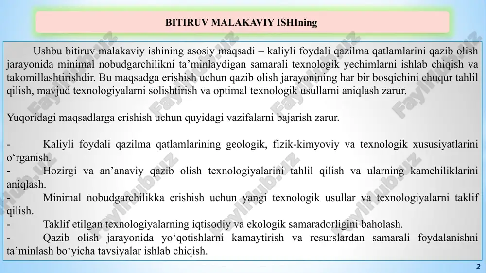 kaliylifoydaliqazilmaqatlamlarini qazib olishning bitiruv malakaviyishi — PPTX