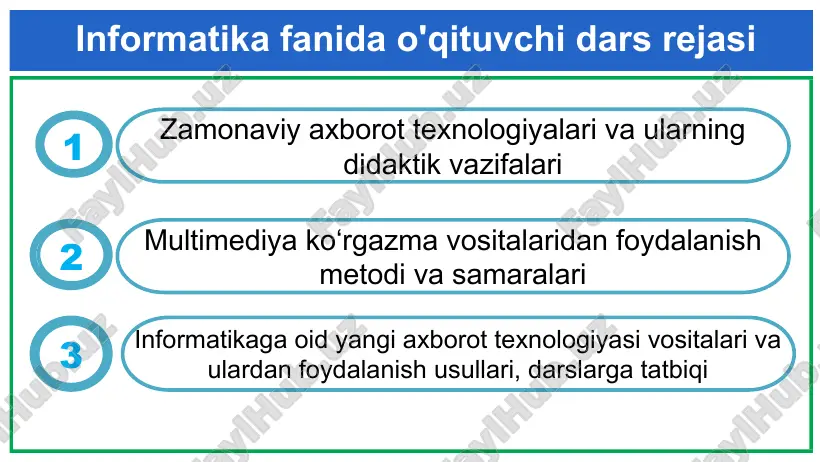 informatika fanida o'qituvchi dars rejasi — PPTX