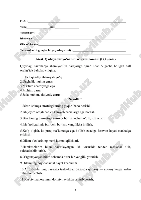qadriyatlar yo’nalishlari savolnomasi. (i.g.senin) — DOCX