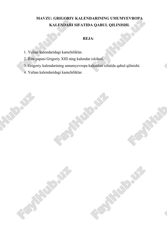 grigoriy kalendarining umumyevropa kalendari sifatida qabul qilinishi — DOCX