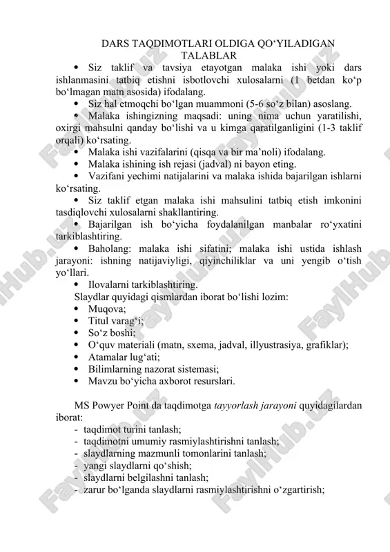 dars taqdimotlari oldiga qo‘yiladigan talablar — DOC