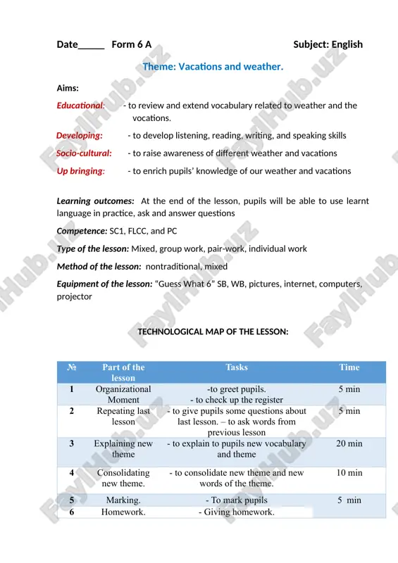 6-sinflar uchun vacations and weather mavzusida dars ishlanma — DOCX