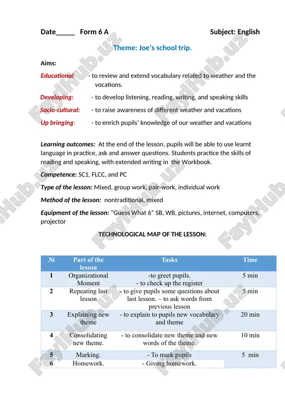 joe’s school trip mavzusida 6-sinflar uchun dars ishlanma — DOCX