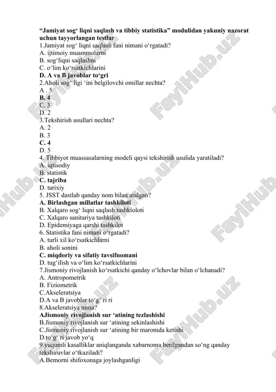 jamiyat sog‘liqni saqlash va tibbiy statistika testlari — DOC