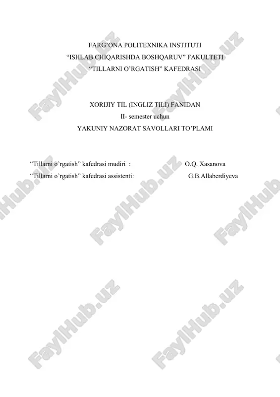 "yakuniy nazorat savollari to’plami" — DOC