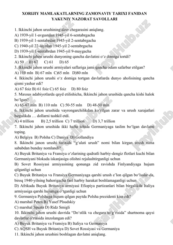 xorijiy mamlakatlarning zamonaviy tarixi fanidan yakuniy nazorat savollari — DOC