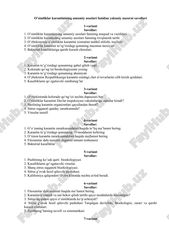o’simliklar karantinining umumiy asoslari fanidan yakuniy nazorat savollari — DOC