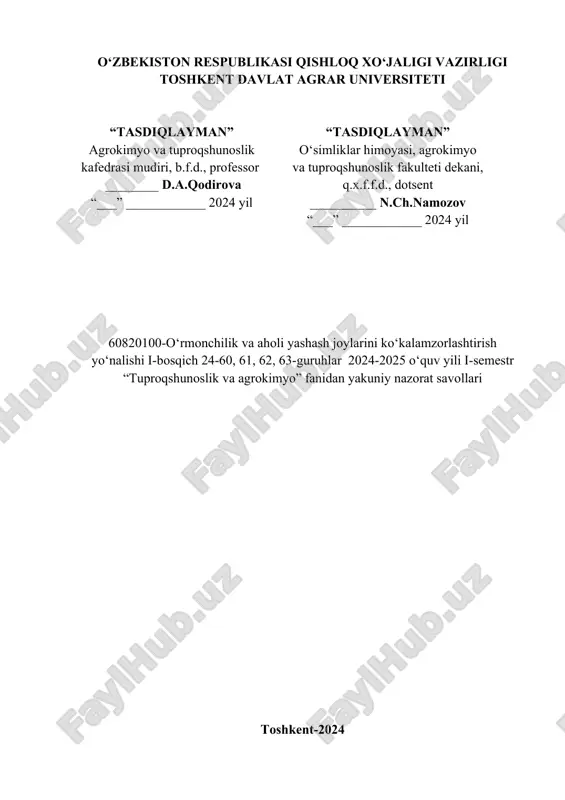 tuproqshunoslik va agrokimyo fanidan yakuniy nazorat savollari — DOC
