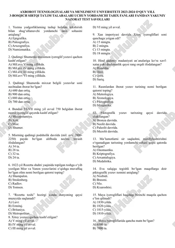 yordamchi tarix fanlari yakuniy nazorat test savollari — DOC