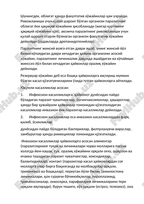 parazitlar va ularning kasalliklar — DOC