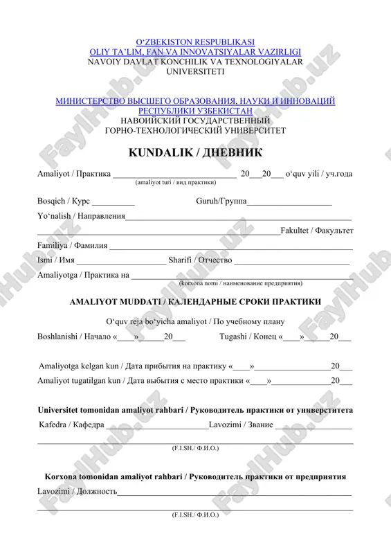 praktika dasturini to'ldirish shabloni — DOC
