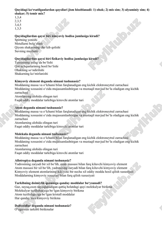 kimyoviy hodisalar testlar to‘plami — DOC