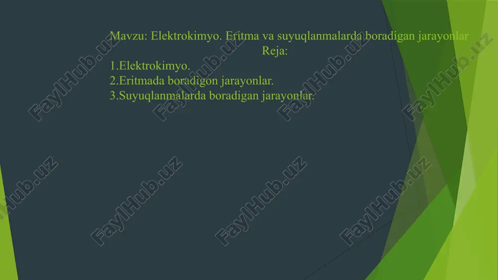elektrokimyo. eritma va suyuqlanmalarda boradigan jarayonlar — PPTX