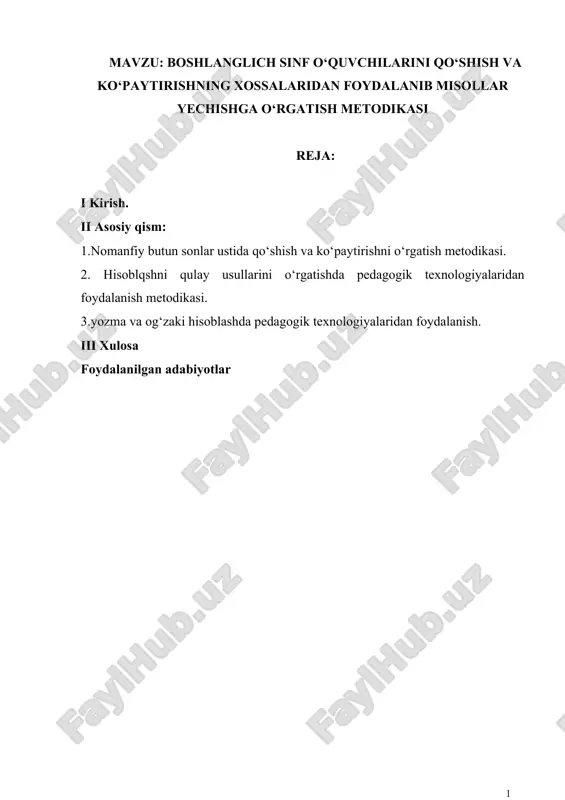 boshlanqich sinf o‘quvchilarini qo‘shish va ko‘paytirishning xossalari — DOC