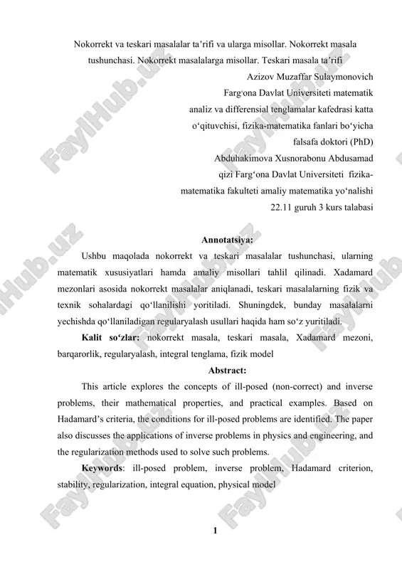 nokorrekt va teskari masalalar taʼrifi va ularga misollar — DOCX