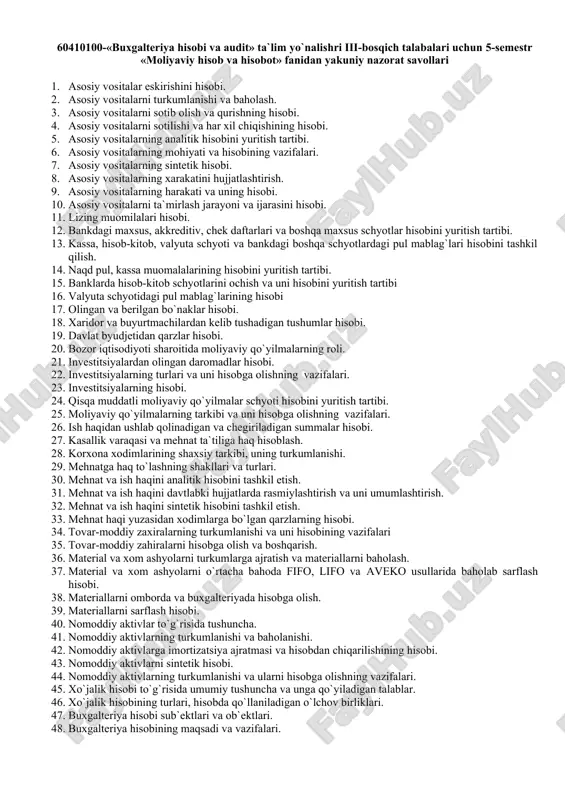 buxgalteriya hisobi va audit uchun nazorat savollari — DOC