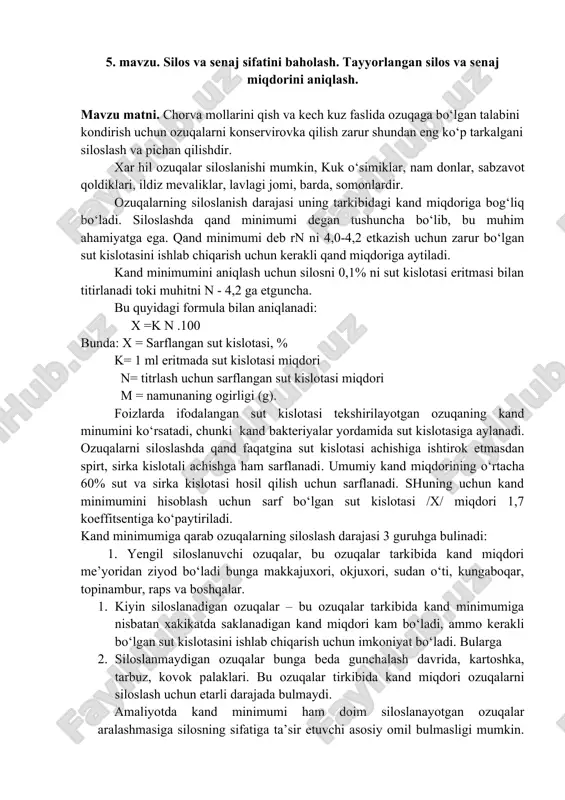 oziqovchi mahsulotlar siloslash va senaj sifatini baholash — DOC