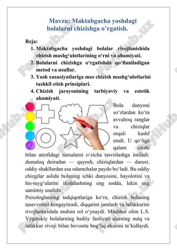 maktabgacha yoshdagi bolalarni chizishga o’rgatish — DOCX