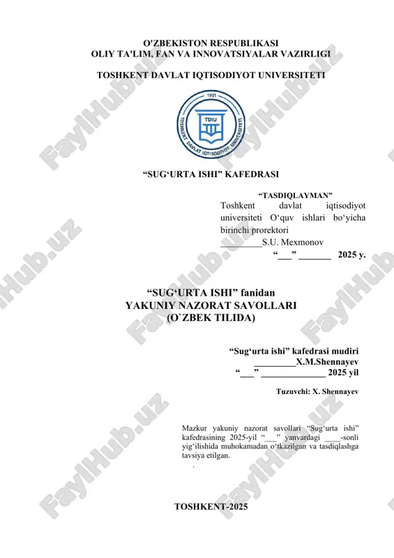 yakuniy nazorat savollari "sug‘urta ishi" fanidan — DOC