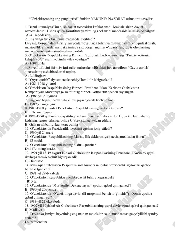 o’zbekistonning eng yangi tarixi fanidan yakuniy nazorat uchun test savollari — DOC