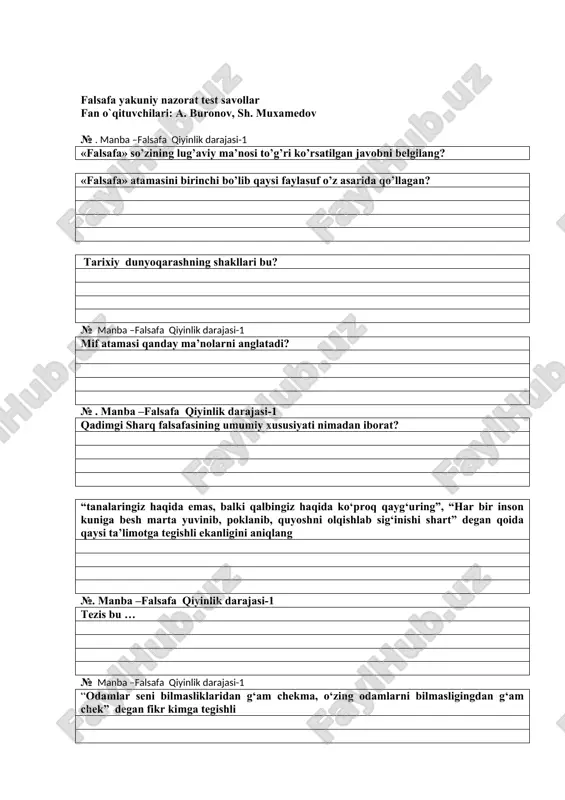 falsafa yakuniy nazorat test savollar — DOC