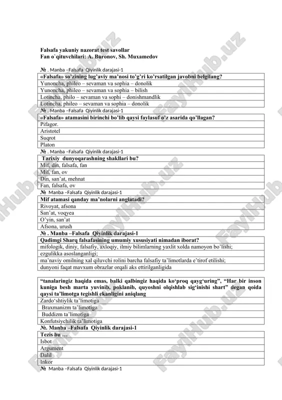 falsafa yakuniy nazorat test savollar — DOC