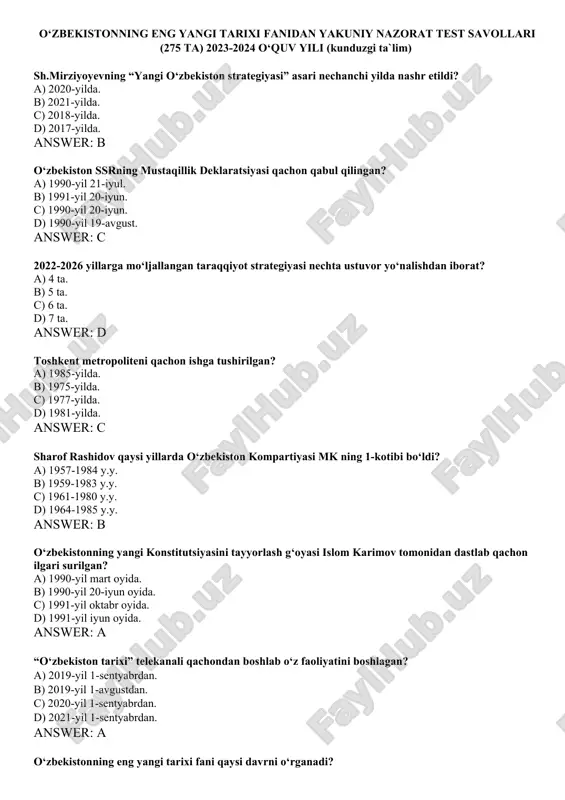 o‘zbekistonning eng yangi tarixi fanidan yakuniy nazorat test savollari (275 ta) 2023-2024 o‘quv yili (kunduzgi ta`lim) — DOC