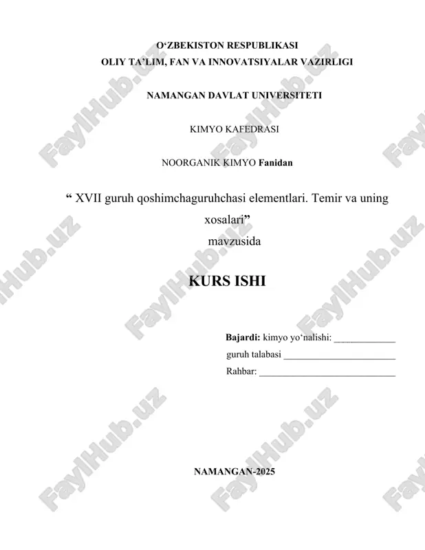 xvii guruh qoshimchaguruhchasi elementlari. temir va uning xosalari — DOCX