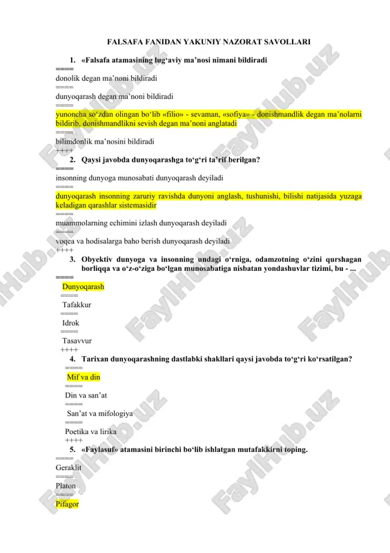 falsafa fanidan yakuniy nazorat savollari — DOC