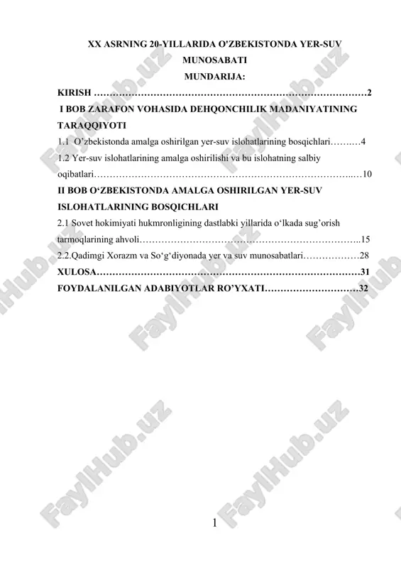 xx asrning 20-yillarida o'zbekistonda yer suv munosabati — DOCX