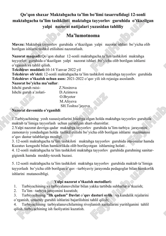 yalpi nazorat tahlili ma'lumotnomasi — DOC