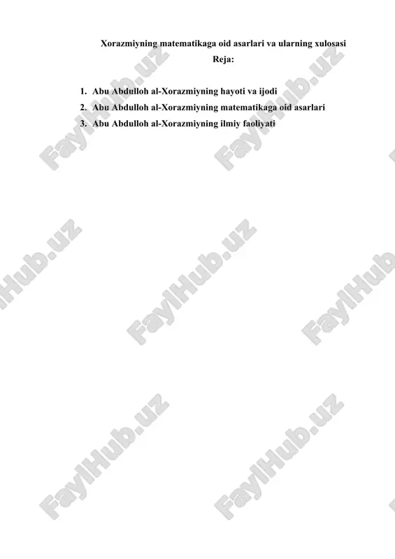 xorazmiyning matematikaga oid asarlari va ularning xulosasi — DOCX