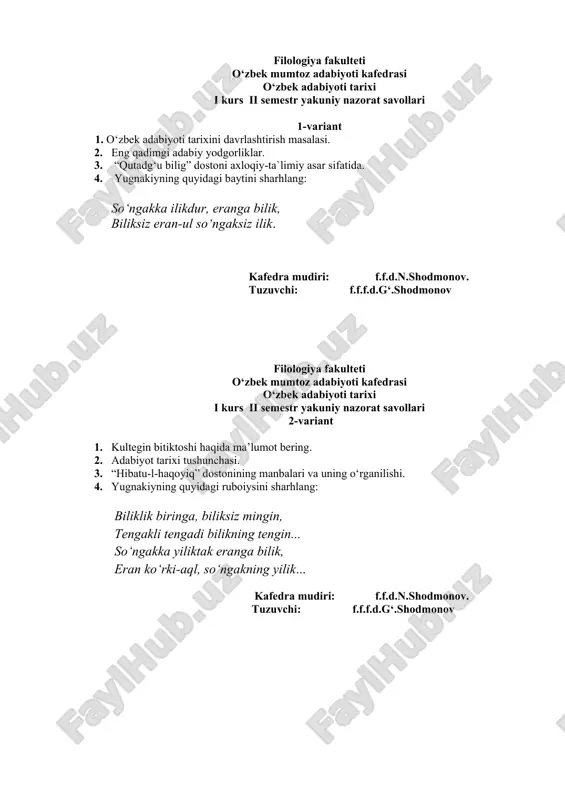 o‘zbek adabiyoti tarixi i kurs ii semestr yakuniy nazorat savollari — DOC