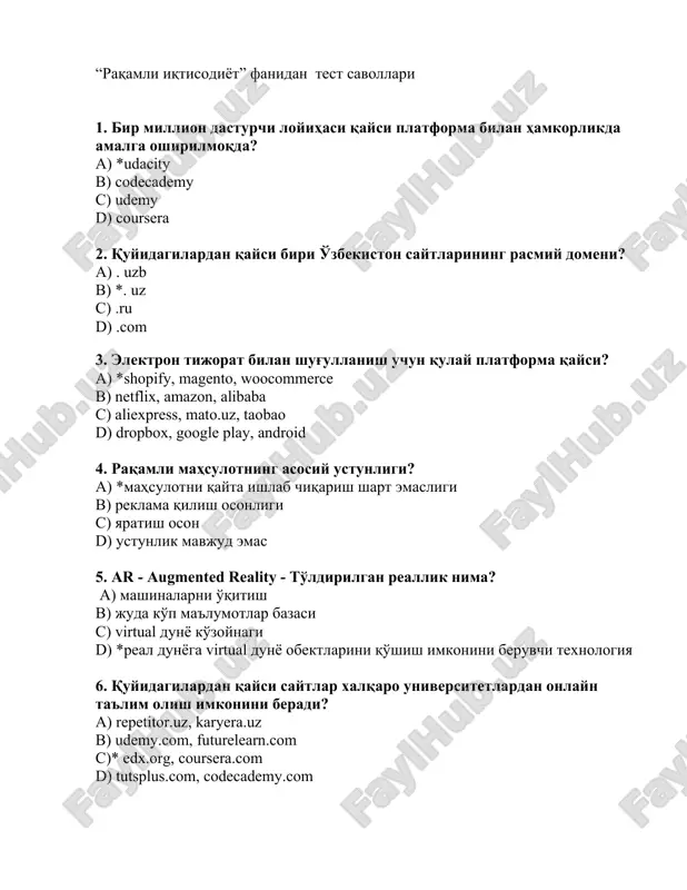 raqamli iqtisodiyot fanidan test savollari — DOC