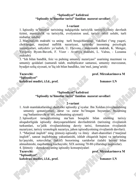 iqtisodiy ta'limotlar tarixi nazorat savollari — DOC
